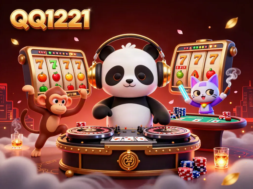 Experience the excitement of QQ1221 with a vibrant 3D casino scene featuring a DJ panda, dancing monkey, and rave kitten.