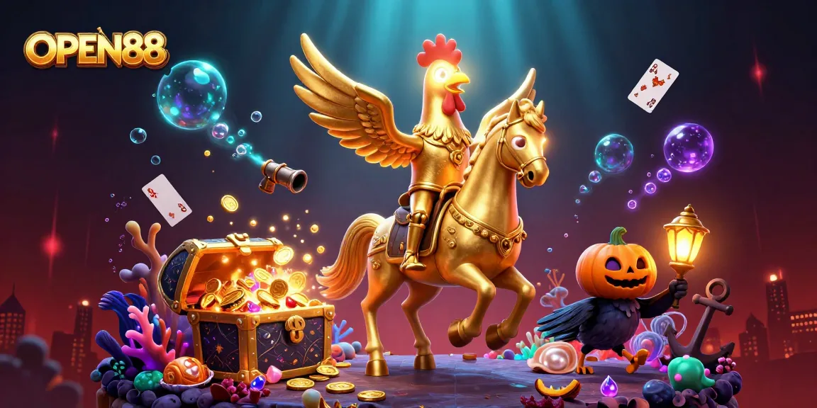 Experience the excitement at OPEN88 with this vibrant casino scene featuring a golden rooster and companions.