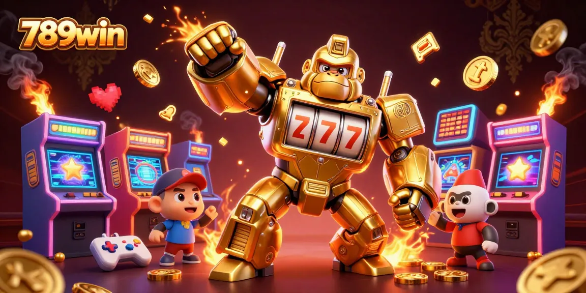 Experience the thrill of 789win with a dynamic golden gorilla mech and arcade game elements.